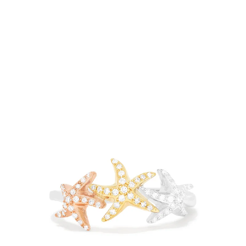 Urban Rings -Seaside 14K Tri Color Gold Diamond Starfish Ring, 0.23 TCW