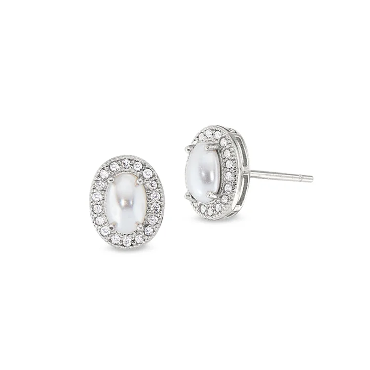 Fashion Earrings -Platinum Finish Sterling Silver Micropave Cabochon Cut Pearl Earrings with Simulated Diamonds