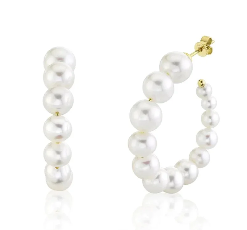 Farmhouse Earrings -EMILIQUE 14KT YELLOW GOLD GRADUATED CULTURED PEARL HOOP EARRINGS