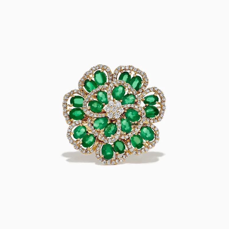 Celtic Rings -14K Yellow Gold Emerald and Diamond Flower Ring