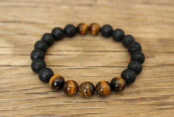 Ladies Bracelets for Warm Seasons-Tigers Eye x Lava Rock Sage Bracelet