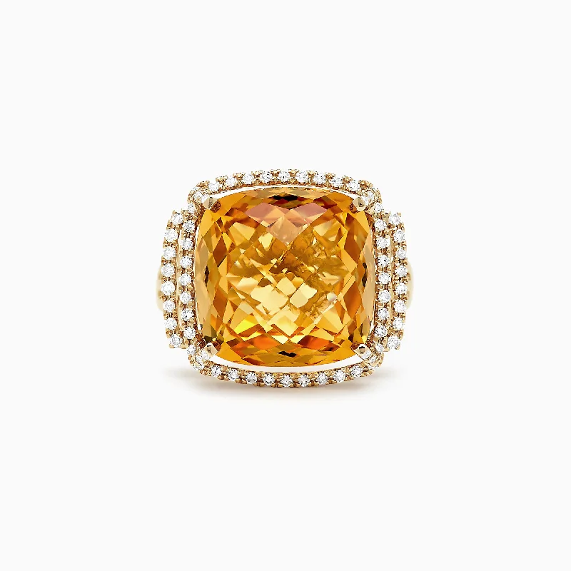 Retro Rings -Sunset 14K Yellow Gold Citrine and Diamond Ring, 10.04 TCW