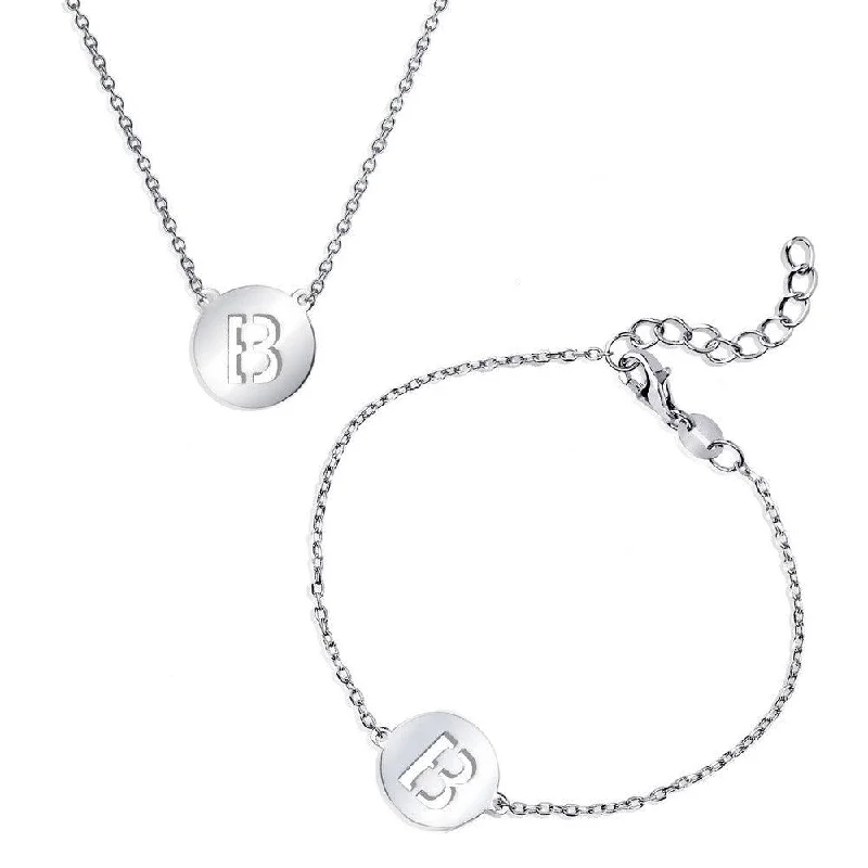 Ladies Bracelets with Yellow Fibrolite-Sterling Silver Shiny 'B' Disc Initial Bracelet and Necklace Set