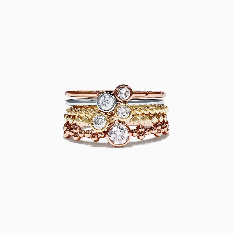 Multicolor Rings -Trio 14K Tri Color Gold Diamond 5 Stack Ring, 0.61 TCW