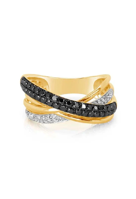 Crystal Rings -14K Yellow Gold Black and White Diamond Ring, 0.62 TCW