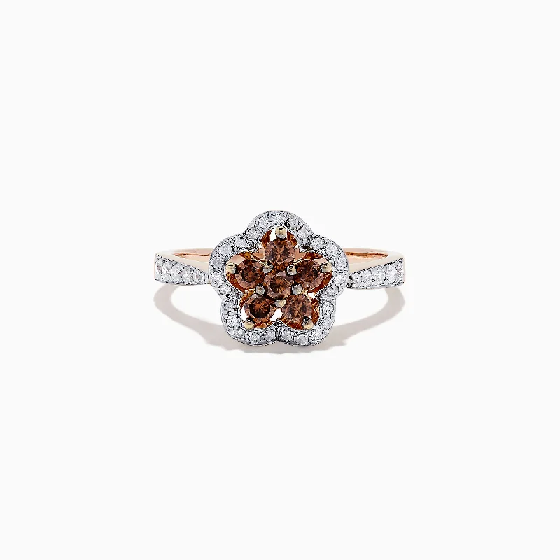 Mystical Rings -14K Rose Gold Espresso and White Diamond Flower Ring, 0.55 TCW