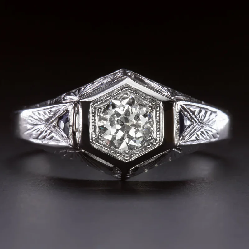 Trendy Gemstone Engagement Rings -OLD EUROPEAN CUT DIAMOND RING 0.55ct ART DECO VINTAGE WHITE GOLD ENGAGEMENT MENS