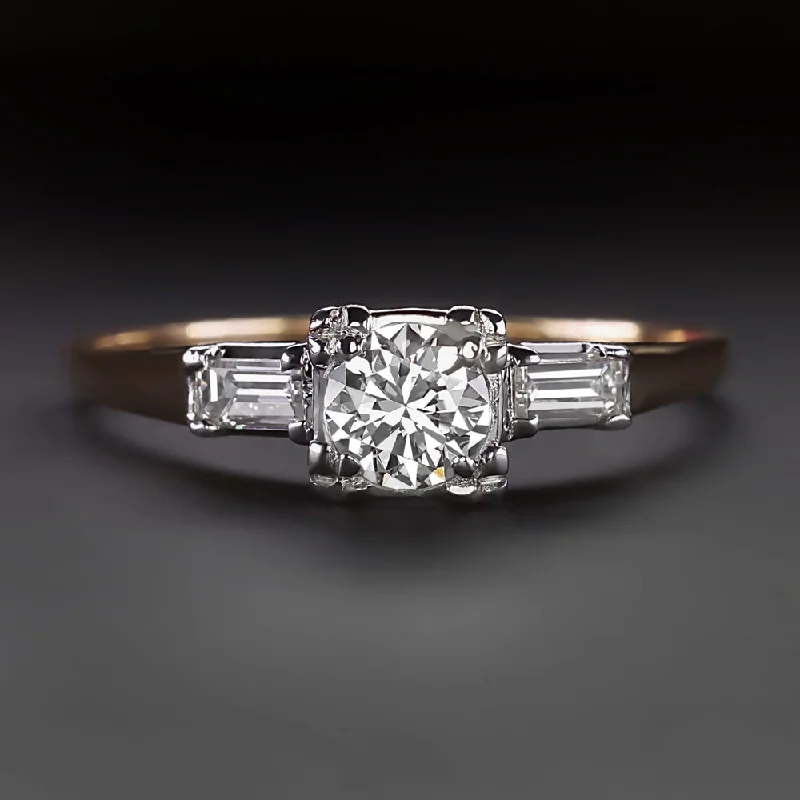 Confidence Design Engagement Rings -VINTAGE DIAMOND ENGAGEMENT RING 1/2ct H-I VS1 ROUND CUT CLASSIC BAGUETTE ACCENT