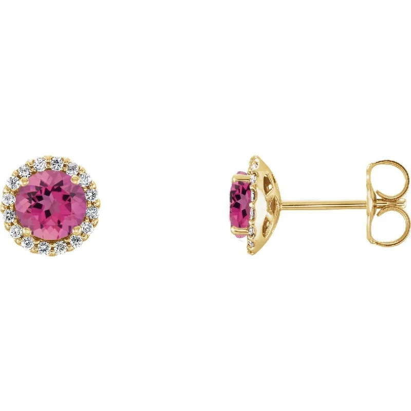 Textured Earrings -14KT GOLD 1.10 CTW PINK TOURMALINE & 1/6 CTW DIAMOND HALO EARRING