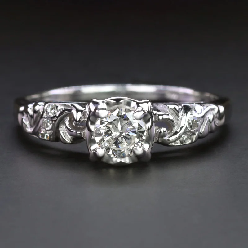 Energy Stone Engagement Rings -VINTAGE DIAMOND ENGAGEMENT RING 1/3ct ROUND NATURAL 14k WHITE GOLD MID CENTURY