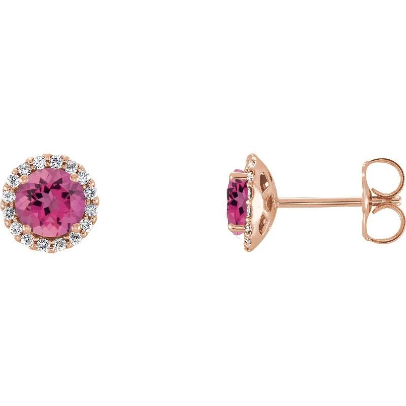 Triangle Earrings -14KT GOLD 1.50 CTW PINK TOURMALINE & 1/8 CTW DIAMOND HALO EARRINGS