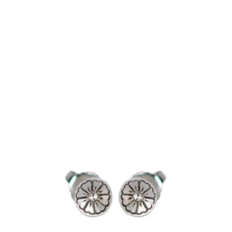 Heart Earrings -Sterling Silver Engraved Flower Stud Earrings with Diamonds