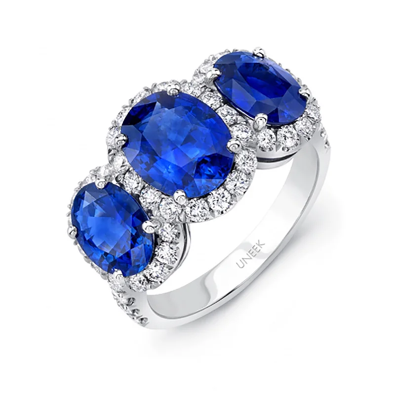 Four-Prong Engagement Rings -Oval Sapphire Three-Stone Three-Halo Engagement Ring