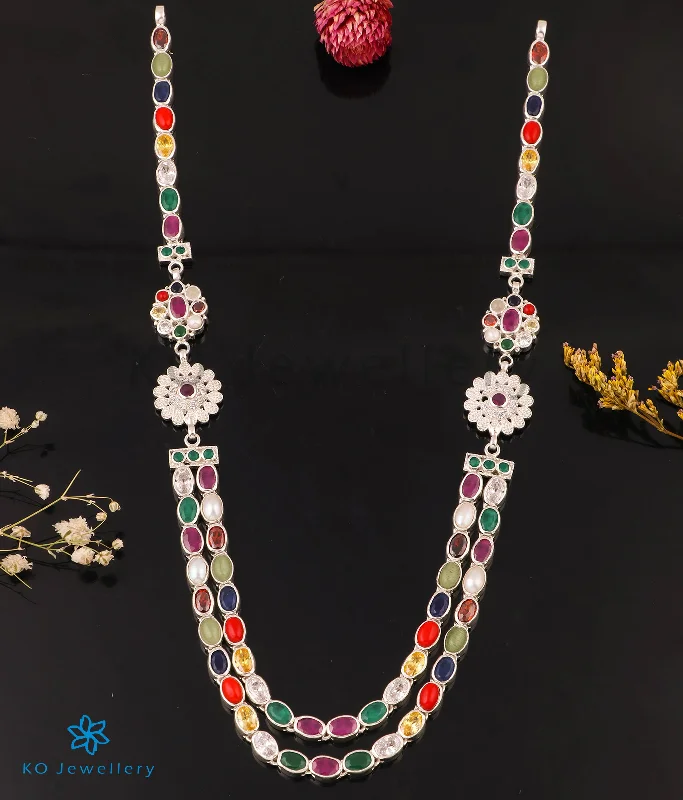 Ladies Necklaces for Mothers-The Emaya Silver Navaratna Necklace(2 Layers/Oxidised)