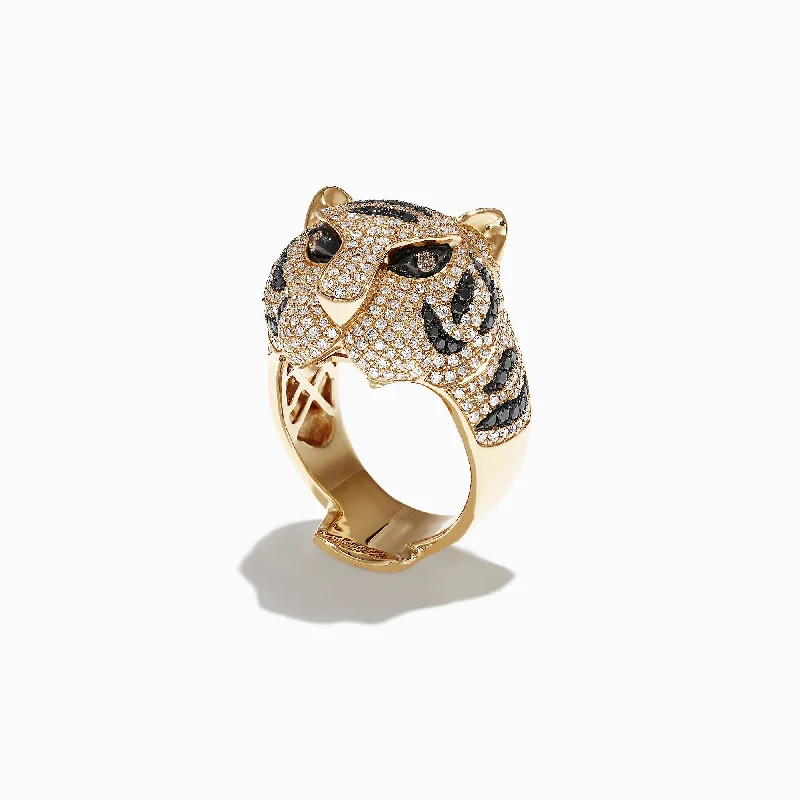 Solitaire Rings -Safari 14k Yellow Gold Black and White Diamond Tiger Ring, 1.85 TCW