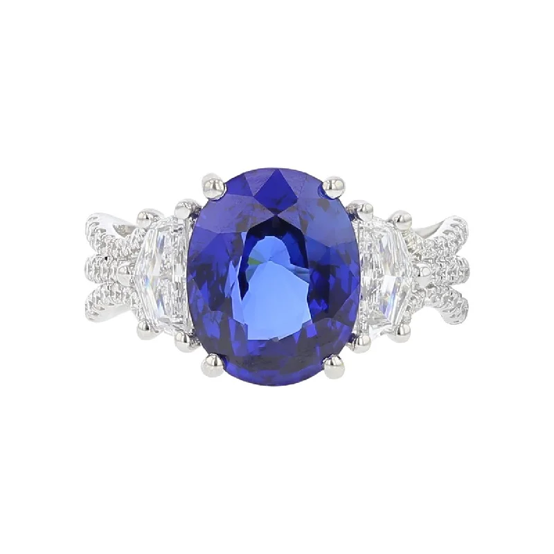 Satin Finish Engagement Rings -Three-Stone Oval Shaped Blue Sapphire Engagement Ring