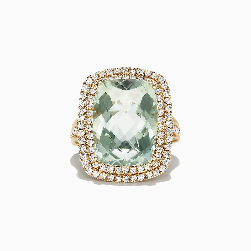 Bold Rings -14K Yellow Gold Green Amethyst and Diamond Cocktail Ring, 11.22 TCW