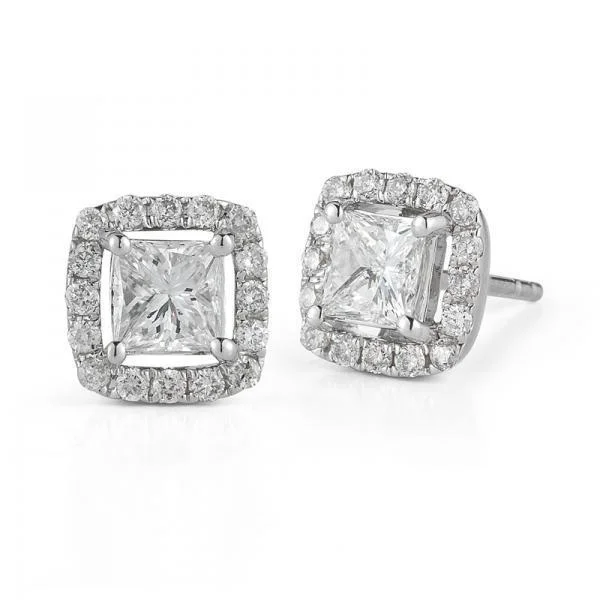 Steampunk Earrings -14KT WHITE GOLD 1 CTW PRINCESS CUT DIAMOND HALO EARRINGS