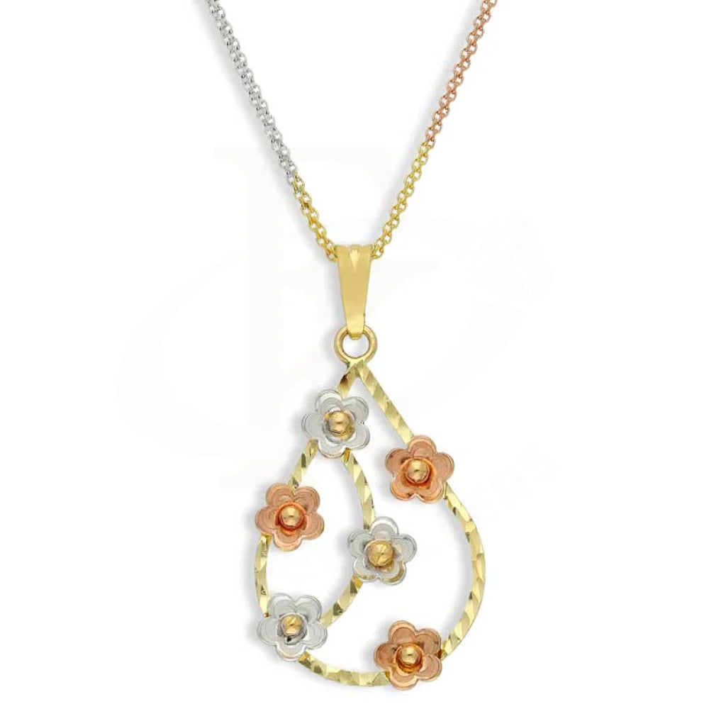 Ladies Necklaces for Evening-Gold Tri Tone Necklace (Chain with Pear Shaped Flower Pendant) 18KT - FKJNKL18K2817