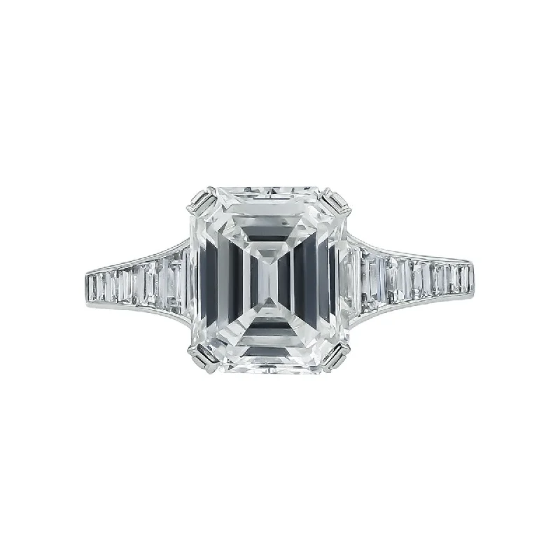 Double Band Engagement Rings -Platinum Emerald-cut Diamond Engagement Ring