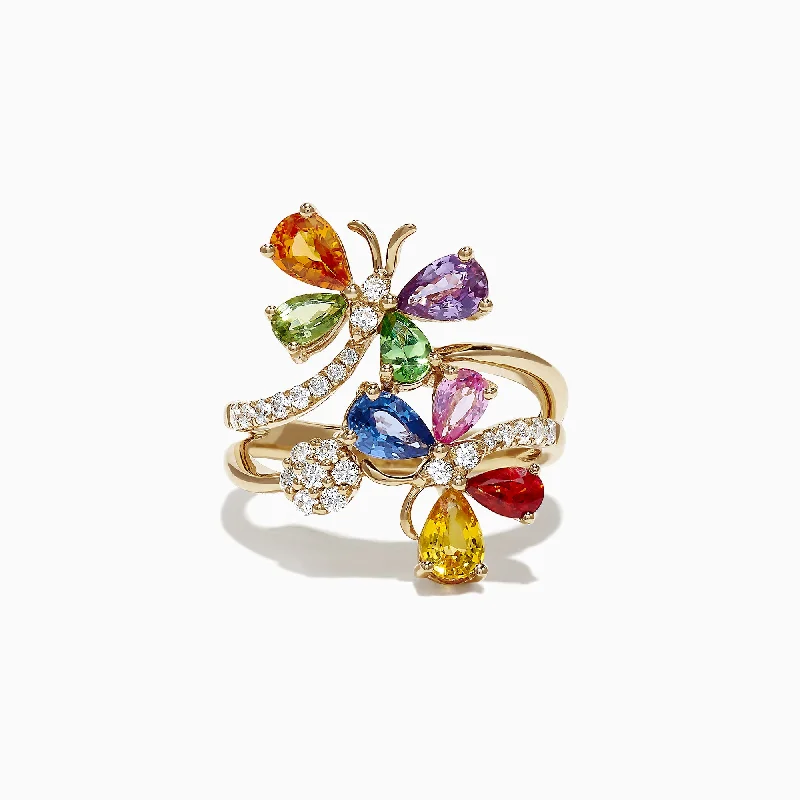 Floral Rings -Watercolors 14K Yellow Gold Multi Sapphire and Diamond Ring, 3.33 TCW