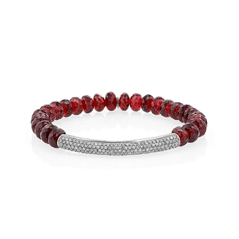 Ladies Bracelets with Green Rosasite-Red Garnet Bead Bracelet with Diamond Bar - 8mm : B0001891