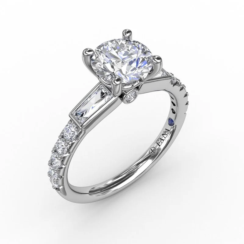 Spiritual Design Engagement Rings -Fana Three-Stone Round Diamond Engagement Ring With Bezel-Set Baguettes S3296