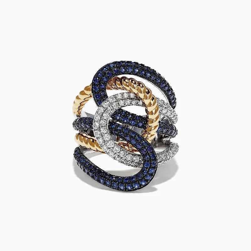 Platinum Rings -Royale Bleu 14K 2-Tone Gold Sapphire and Diamond Rope Ring, 2.39 TCW