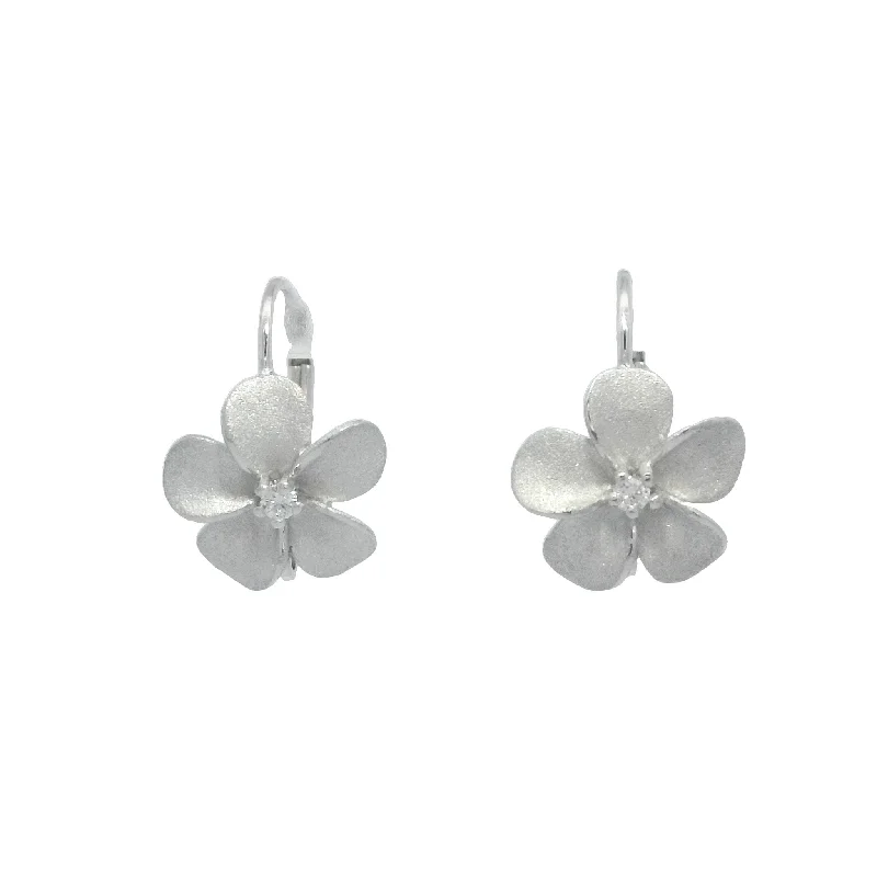 New Year Earrings -Plumeria Leverback Earrings in White Gold