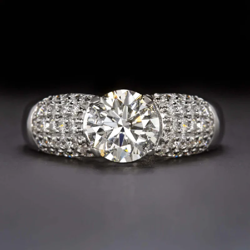 Large Stone Engagement Rings -1.88cw EXCELLENT CUT NATURAL DIAMOND ENGAGEMENT RING ROUND PAVE WIDE WHITE GOLD