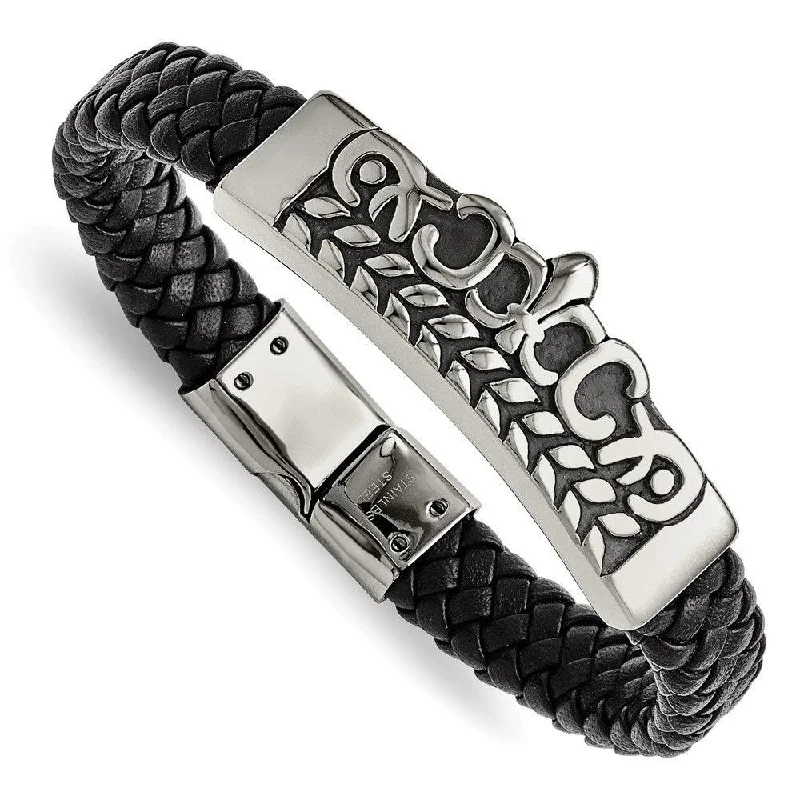 Ladies Bracelets Faith Inspired-Stainless Steel Antiqued Fleur de Lis Black Leather Bracelet