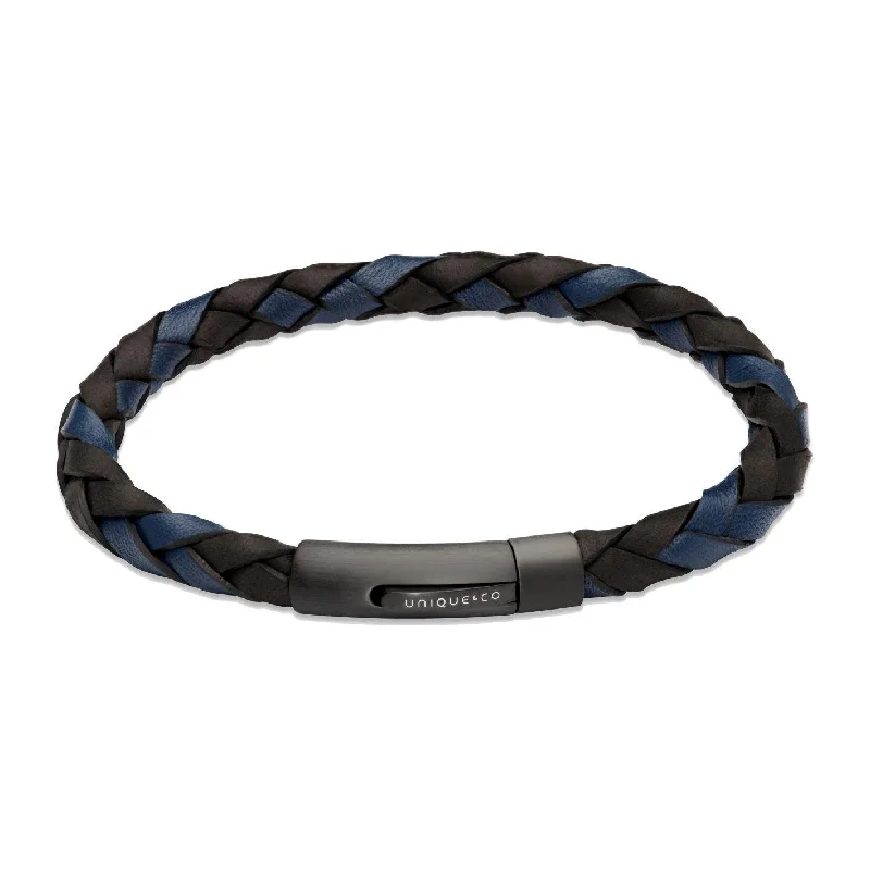 Ladies Bracelets with Grey Lawsonite-Unique & Co Entwined Black and Navy Leather Bracelet