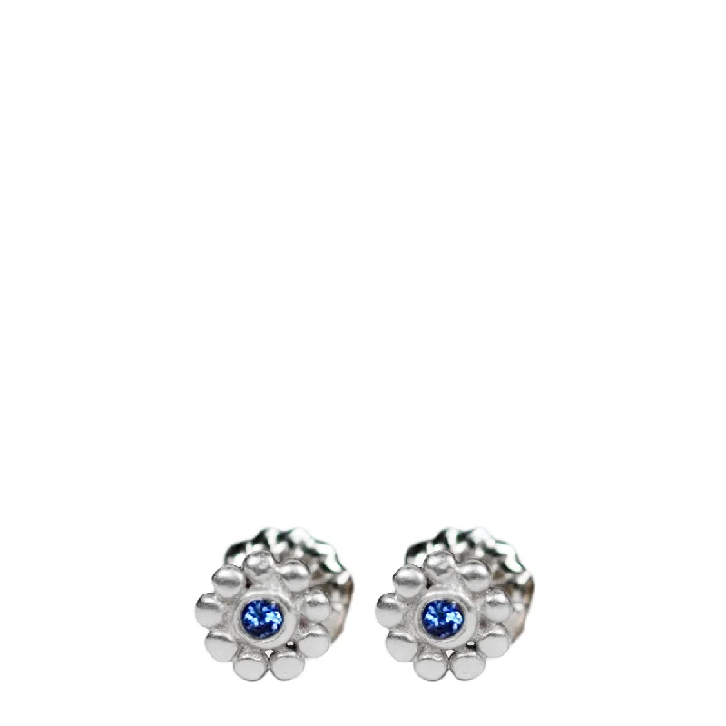 Jade Earrings -Sterling Silver Tiny Java Flower Stud Earrings with Blue Sapphires