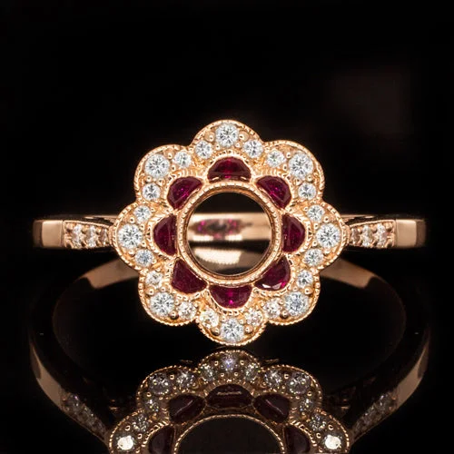 High Profile Engagement Rings -VINTAGE STYLE RUBY DIAMOND ROUND ENGAGEMENT RING ROSE GOLD SETTING ART DECO 14k