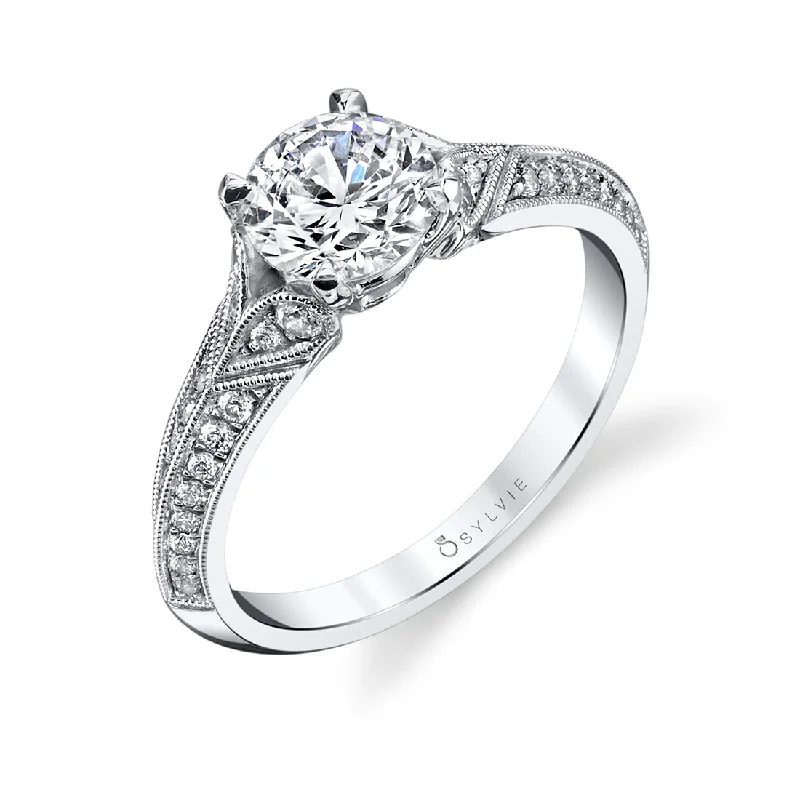 Filigree Pattern Engagement Rings -Sylvie Round Accented Solitaire Engagement Ring S1397