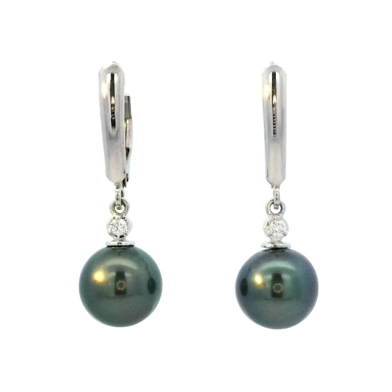 Lapis Lazuli Earrings -Tahitian Pearl Leverback Dangle Earrings with Diamonds in White Gold