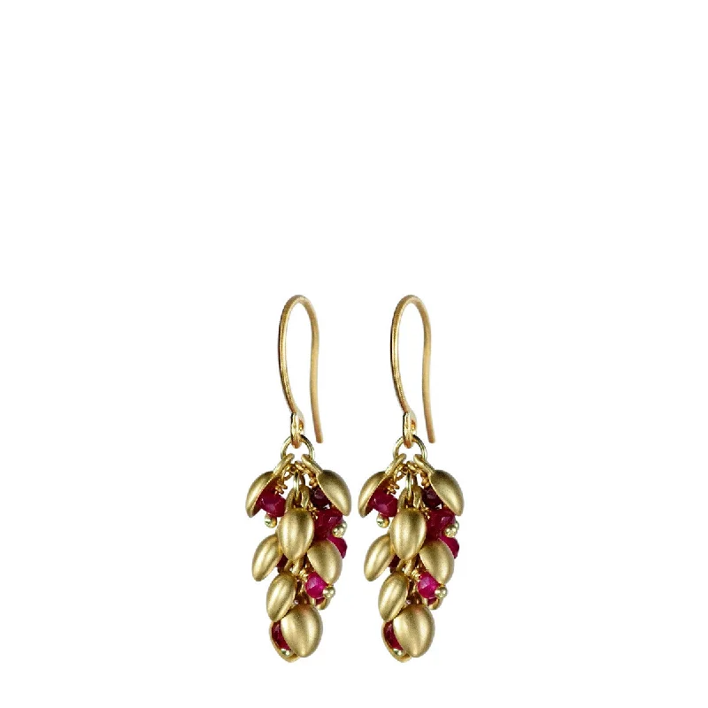 Round Earrings -18K Gold Short Baby Pod Earrings with Rubies