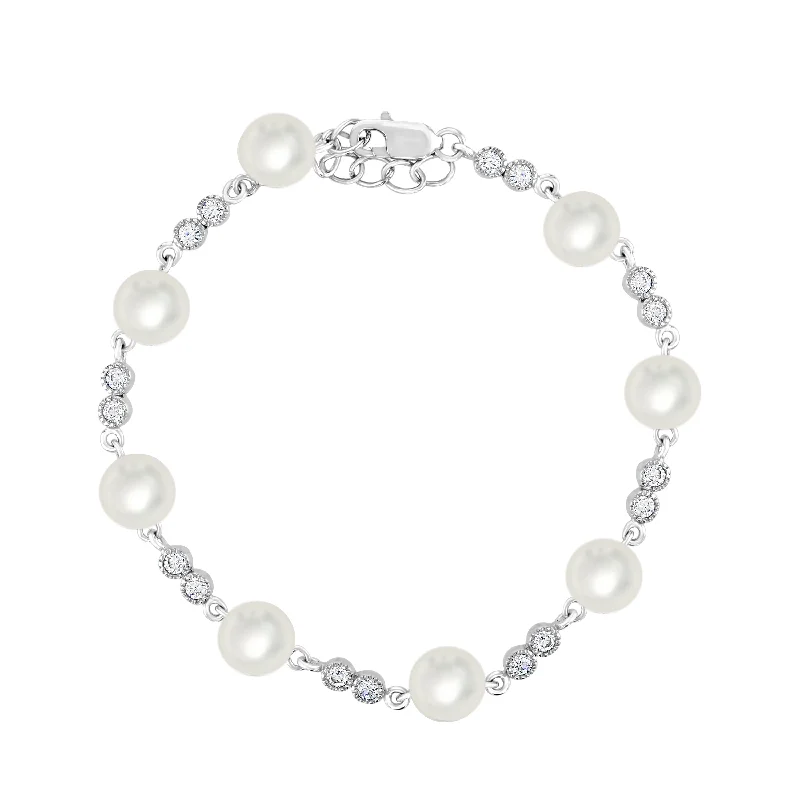 Ladies Bracelets for Wedding Party-Sterling Silver Freshwater Pearl and Cubic Zirconia Bracelet