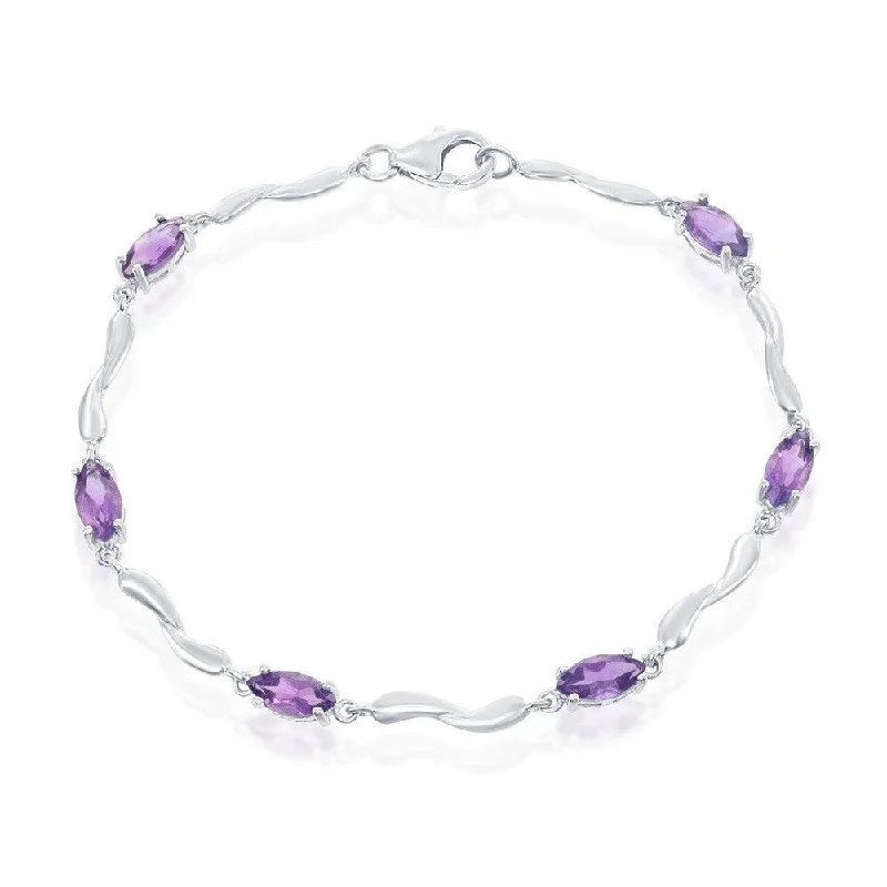 Ladies Bracelets with Green Clinozoisite-Sterling Silver Marquise Shaped Amethyst Gemstone Bracelet, 7.25"