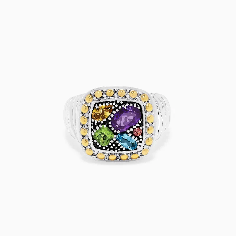 Puzzle Rings -925 Sterling Silver & 18K Gold Accent Multi Gemstone Ring, 1.54 TCW