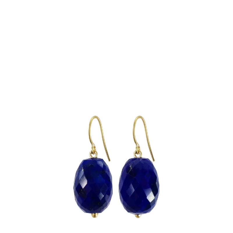 Long Drop Earrings -18K Gold Medium Faceted Lapis Bead Drop Earrings