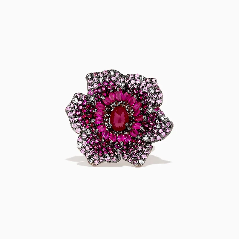 Minimalist Rings -14K Rose Gold Ruby, Sapphire and Diamond Flower Ring, 5.92 TCW