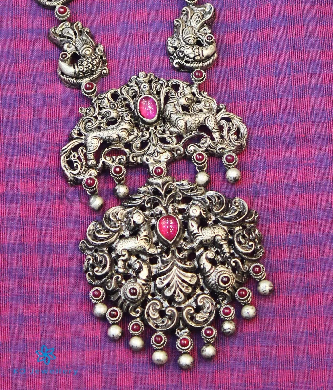 Ladies Necklaces Cloud Charm-The Kairav Silver Peacock Nakkasi Necklace (Oxidised)