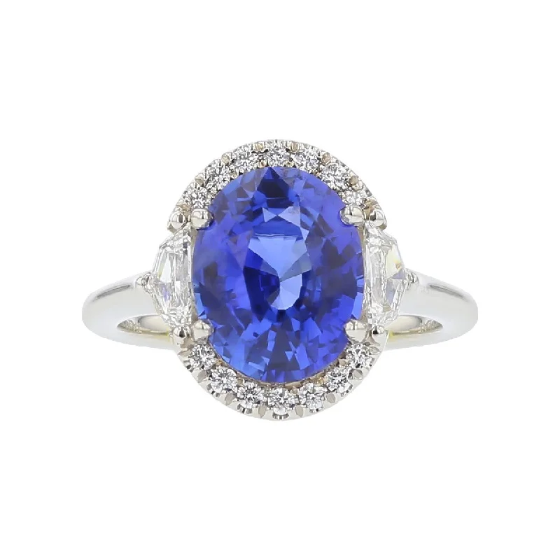 Hammered Finish Engagement Rings -Oval Shaped Blue Sapphire Halo 3-Stone Engagement Ring