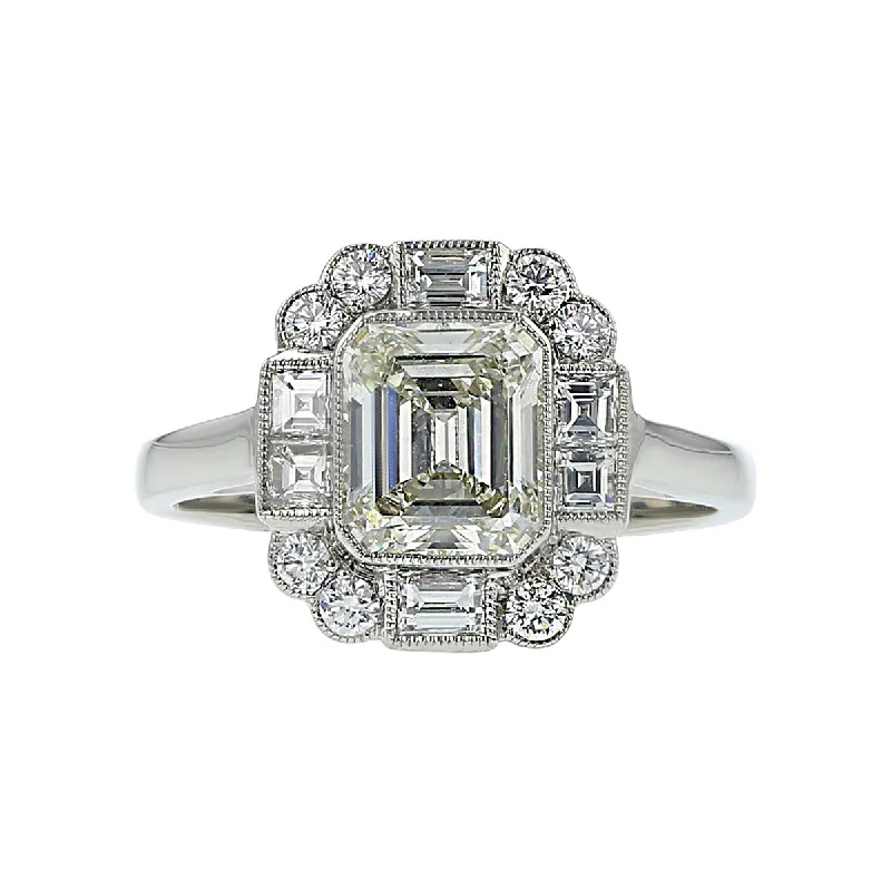 Flat Band Engagement Rings -Platinum Emerald-Cut Diamond Engagement Ring