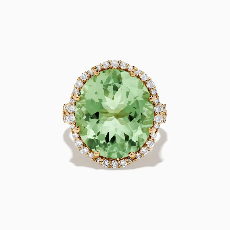 Wide Rings -14K Yellow Gold Green Amethyst and Diamond Ring