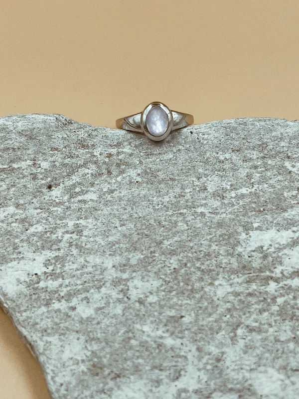 Glass Rings -Glow Moonstone Signet Ring in Silver Tone