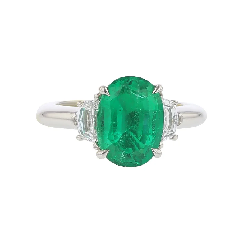 Farmhouse Style Engagement Rings -Three-Stone Oval Shaped Emerald Engagement Ring