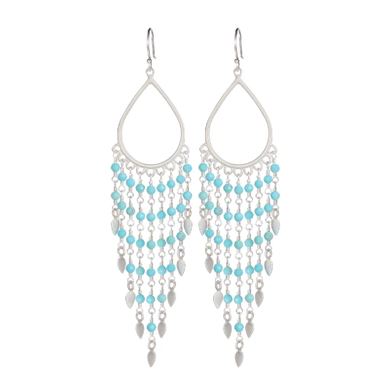 White Earrings -Sterling Silver Teardrop Turquoise Fringe Earrings