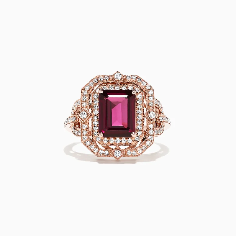 Romantic Rings -Bordeaux 14K Rose Gold Rhodolite Garnet and Diamond Ring, 2.89 TCW